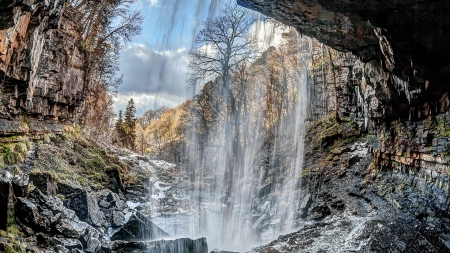 awesome waterfall over a rocky cavern hdr - Sunsets & Nature Background ...