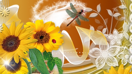 Sunflower Dragonfly Ladybug - autumn, summer, shine, lady bug, sparkle, ladybug, bright, fall, dragonfly, flowers, ribbon