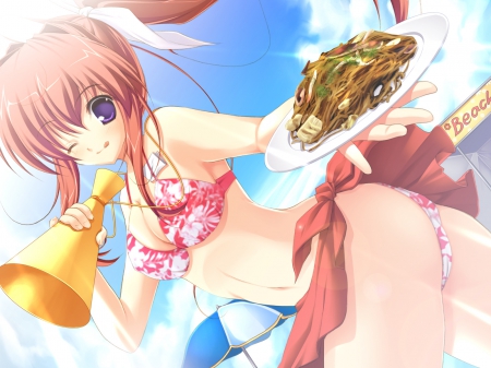 Lunch at the Beach - beach, tongue sticking out, sky, smiling, swimsuit, summer, red hair, beach umbrella, flower bikini, cute anime girl, mikeou, wink, purple eyes