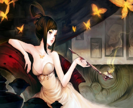 Umineko - witch, anime, girl, butterfly, umineko, smoke, golden