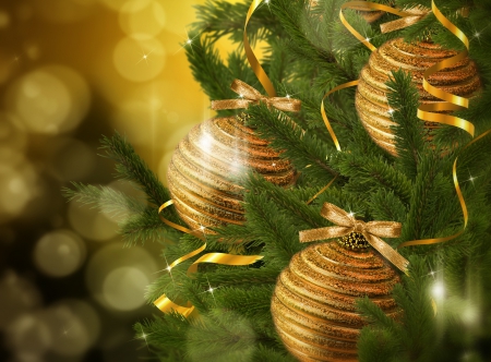 Christmas Glimpses!â™¥ - bokeh, christmas tree, fresh, ribbons, green, golden