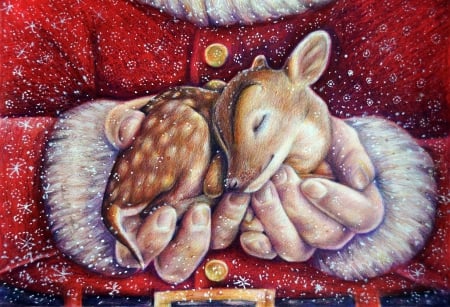 Santa With Baby Deer - hands, animals, winter, drawing, deer, christmas, painting, santa, artwork, animal, cristmas