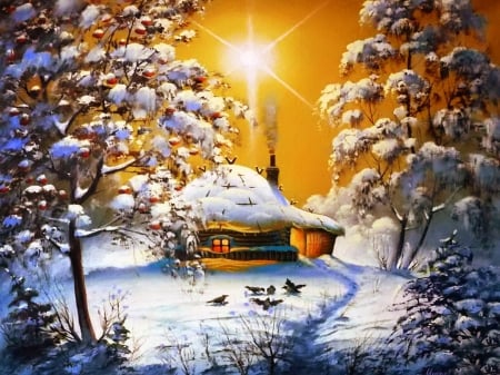 Winter sun - nice, cottage, sky, trees, sunset, path, painting, amazing, art, cold, orange, sunny, golden, birds, winter, lovely, nature, village, forest, snow, beautiful, frost, cabin, sunrise