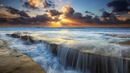 Nature's Beauty - nature, ocean, sky, clouds, waterfalls, sunset