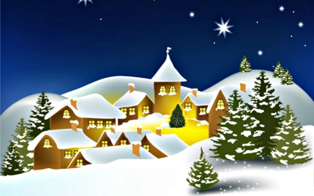 Merry Christmas - night, village, trees, christmas