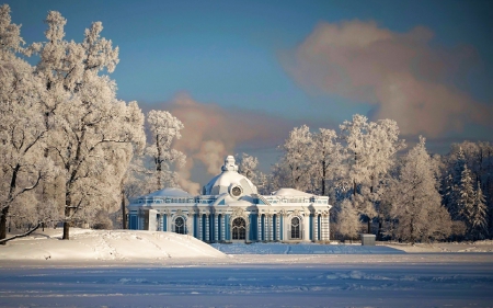 Winter Wonderland - white, building, landscape, trees, snow, bathhouse, park