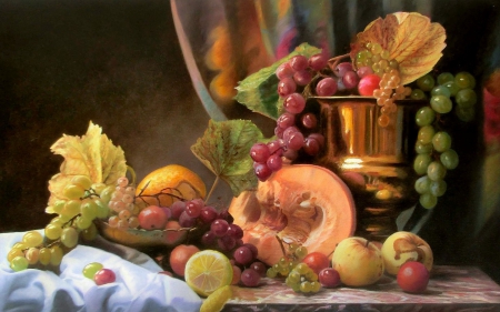 Still life - red, sweet, yellow, still life, art, fruit, peach, painting, grapes, melon