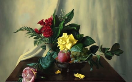 Still life - autumn, rose, still life, fruit, vase, painting, art, yellow, pink, red, green, grapes, apple, flower