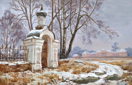 At the church fence - katemaxpaint, autumn, winter, at the church fence, white, painting, art, orange, tree