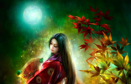 Autumn moon - moon, yellow, geisha, girl, fan, shu, fantasy, autumn, red, green, woman, leaf