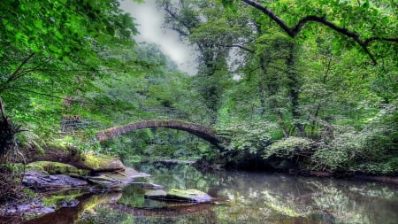 lovely arched stone bridge hdr - river, stone, hdr, arch, forest, bridge