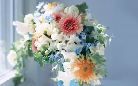 Bouquet of flowers - white, blue, autumn, green, orange, bouquet, pink