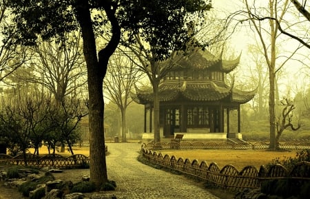 Autumn morning - yellow, autumn, pavilion, morning, asian, tree, park