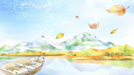 Autumn - water, boat, yellow, blue, art, lake, leaf, draw, mountain, painting, autumn