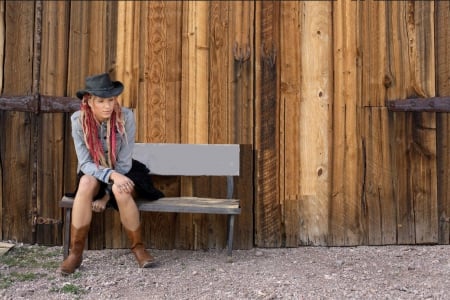 Cowgirl - women, famous, fun, models, redhead, female, cowgirls, hats, western, style, fashion, boots, buildings, rodeo, benches, actor, ranch