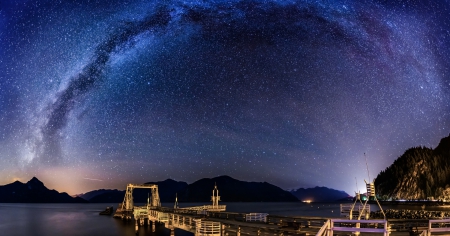 spectacular starry sky over furry creek british columbia - stars, sky, pier, dock, river