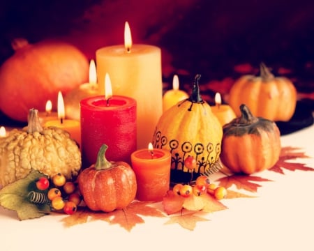 Thanksgiving Candles - pumpkins, autumn, fall, candles, thanksgiving, leaves, berries