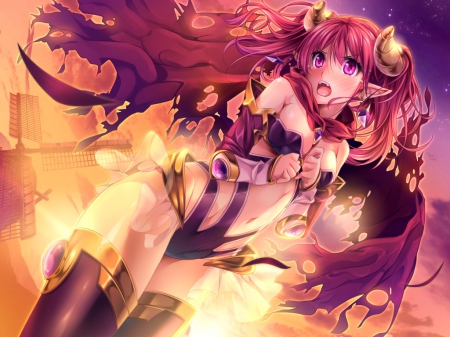 Please don't go - nice, beauty, sky, twintail, sunset, anime girl, pretty, cool, game, clouds, anime, cute, pink eyes, demon, marushin, sexy, sunlight, light, long hair, pink hair, grimoire no shisho, horns, cg, armodias, beautiful, blush, sweet, awesome, aweome