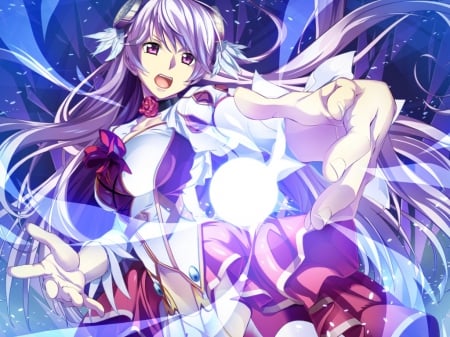 Juris Elmar - pretty, anime, grimoire no shisho, magic, female, dress, Juris Elmar, light, long hair, purple eyes, nice, purple hair, anime girl, game, beautiful, beauty, cool, sweet, flower, cg, awesome, feathers