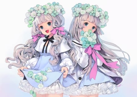 ~Beautiful Twins~ - dresses, anime, bows, long hair, flowers, girls, twins, gray hair, friends, ribbons, blue eyes