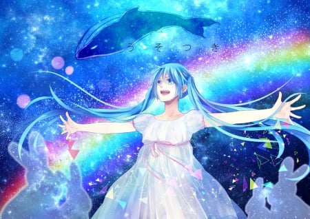 It's So Wonderful!! - hatsune miku, rainbow, tears, blue eyes, animals, long hair, ponytails, blue hair, vocaloid, anime, dress