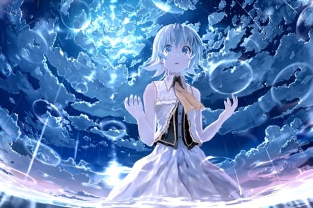 Poor Gumi - sky, tears, sad, blue eyes, crying, bubbles, vocaloid, clouds, anime, gumi, short hair, dress