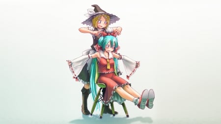 Rin & Hatsune Play Dress Up - hatsune miku, hat, blue eyes, long hair, blue hair, touhou, chair, rin kagamine, bow, vocaloid, anime, friends, short hair, blonde