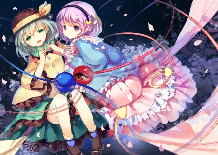 Satori & Koishi Komeiji - hat, anime, komeiji satori, short hair, colorful, touhou, sisters, komeiji koishi, friends