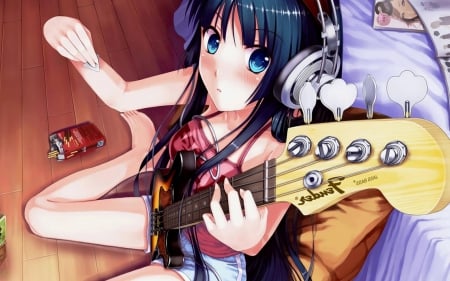 Pick - blue hair, guitar, headphones, pick, blue eyes, long hair, cant think of a fourth, snack