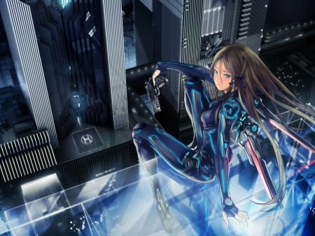 Gun Girl - gun, high up, girl, glass, long hair, latex, brown hair, suit, ribbon, cant think of a fourth