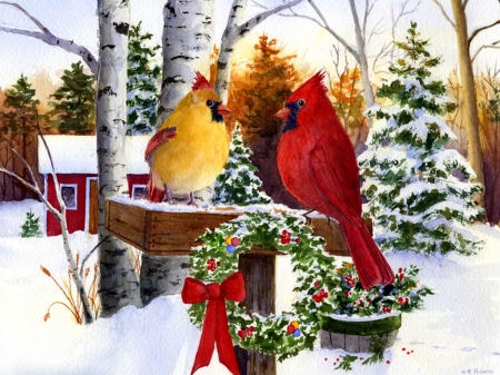 Christmas cardinals - birds, snow, eve, holiday, frost, friends, nice, art, house, trees, winter, beautiful, colors, lovely, christmas, cardinals, frozen, noel, painting