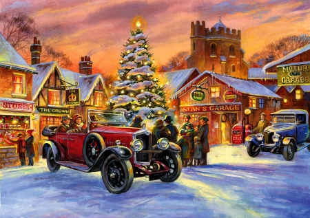 Crossley&Carols - people, town, snow, eve, retro, carols, holiday, car, nice, art, sky, shop, mood, winter, beautiful, lovely, tree, village, street, christmas, colorful, lights, painting, market, crossley