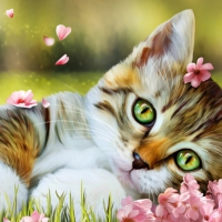 Kitty and pink flowers