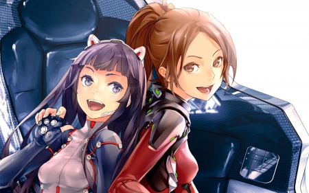 Guilty Crown - Manga, Anime Girl, Smile, Lovely, Anime, Happy, Emotional, Pair, Duo, Amazing, Fun, BodySuit, Ayase Shinomiya, Awesome, Shinomiya, Beautiful, Guilty Crown, Ayase, Pretty, Tsugumi, Anime Girls, Playful, Gorgeous, Neko, Friends, Body Suit