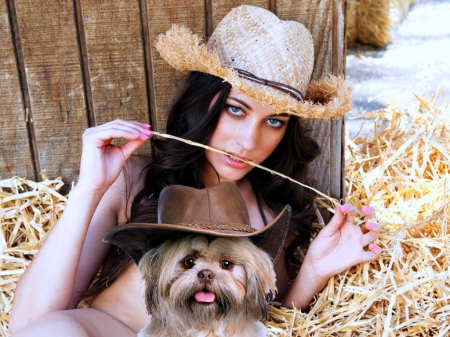 Cowgirl - women, fun, girls, famous, farm, models, female, hay, animals, hats, cowgirls, western, dogs, cute, style, fashion, rodeo, outdoors, brunettes, actors, ranch