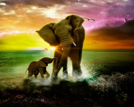 Elephants by the Shore - sky, beach, baby, elephants, mother, shore, colors