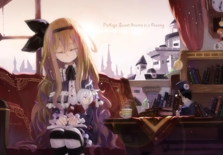 Perhaps sweet dreams is a blessing - pretty, anime, female, book, room, dress, light, long hair, dream, ribbon, dool, nice, sky, anime girl, city, blonde hair, beauty, lovely, cool, sweet, sunset, awesome, cute