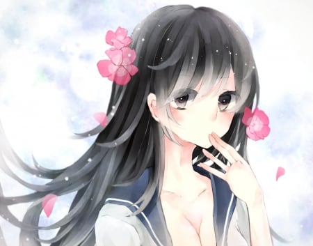 Can I say something - beauty, nice, female, anime girl, seifuku, black hair, pretty, petals, anime, cute, long hair, beautiful, sweet, flowers, black eyes, cleavage, beauty beautiful