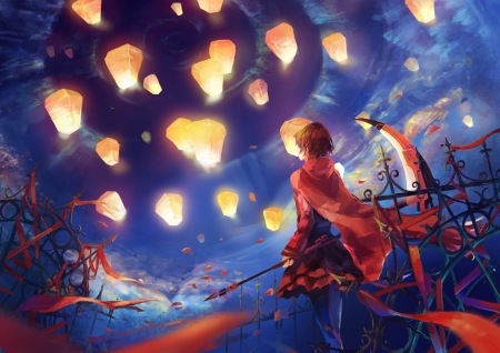 Ruby Rose - pretty, anime, female, Ruby Rose, night, short hair, red hair, rwby, red, ribbon, weapon, nice, sky, scythe, anime girl, skirt, beautiful, lanterns, beauty, cool, sweet, awesome, lights