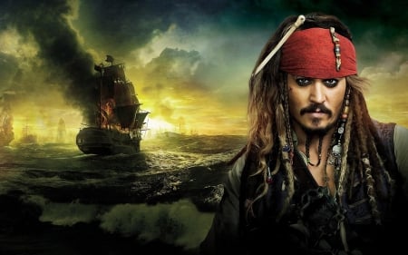 Captain Jack Sparrow - actor, yellow, jack sparrow, ship, sea, man, johnny depp, red, pirate, Pirates of the Caribbean