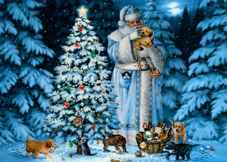 Santa\\'s friends - greetings, animals, feline, pets, illustration, balls, santa, white trees, art, cold, artwork, digital art, compassion, holiday, xmas and new year, xmas trees, occasion, nature, holidays, lovel, december, forest, mercy, snow, beautiful, weird things people wear, friends, canine, drawings, decoration, wide screen, nice, trees, santa claus, creative pre-made, painting, mercy makes life happy, dog, decorations, foods, mood, dogs, paintings, tree, moon, cat, fruits, winter, vegetables, lovely, christmas, bunnies, scenery, happiness, puppies