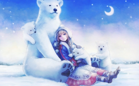 My family - pretty, anime, female, twintail, snow, soujirou, animal, nice, sky, blue eyes, clouds, hat, moon, anime girl, game, winter, beautiful, blonde hair, beauty, lovely, cool, sweet, bears, cg, smile, awesome, cute