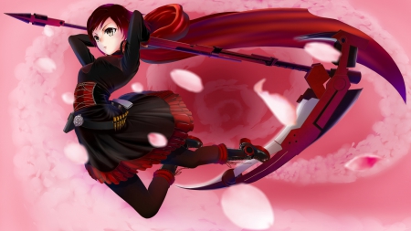 Ruby Rose - pretty, anime, female, silver eyes, short hair, rwby, red, weapon, nice, scythe, anime girl, skirt, beautiful, beauty, cool, sweet, petals, short hairred hair, awesome, ruby rose