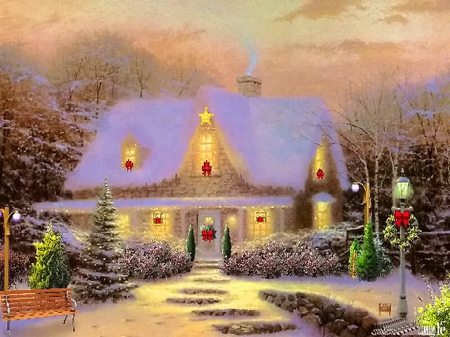 Drop by - lights, snow, decorations, Christmas, cottage