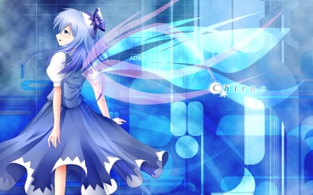 Chirno - blue eyes, wings, blue hair, touhou, bow, anime, fairy, cirno, dress