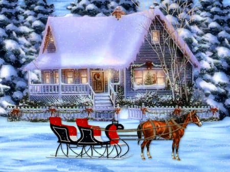 Country visit - snow, sleigh, winter, horses