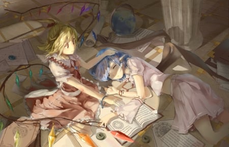 Sweet Dreams Remilia - anime, ponytail, flandre scarlet, book, dress, blonde, vampires, red eyes, touhou, blue hair, sisters, wings, friends, remilia scarlet, asleep, ribbons