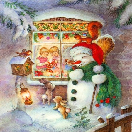 Snowman - snowman, peaceful, winter, colorful, christmas, merry christmas, beautiful, color, birds