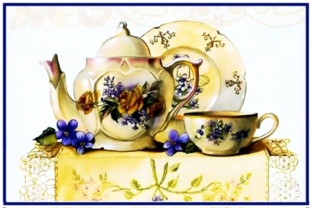 Tea Time - pot, porcelain, artwork, tableware, cup