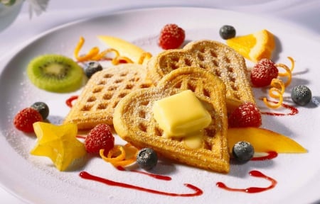 Heart Waffles - butter, raspberry, breakfast, fruits, delicious, food, sweet